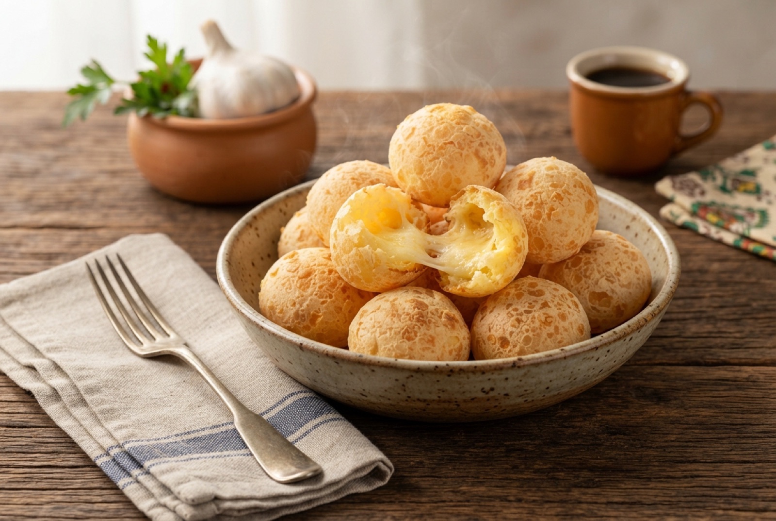 Basket of golden pão de queijo cheese puffs, one torn open showing the stretchy cheesy interior