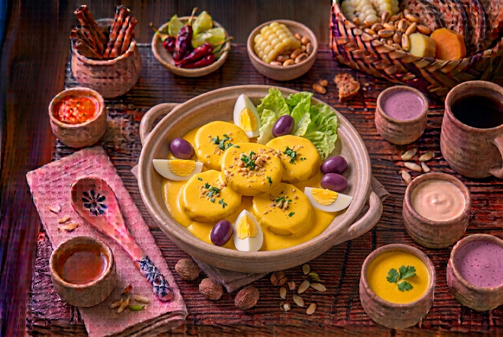 Sliced boiled potatoes covered in golden huancaína sauce with hard-boiled egg and black olives on lettuce