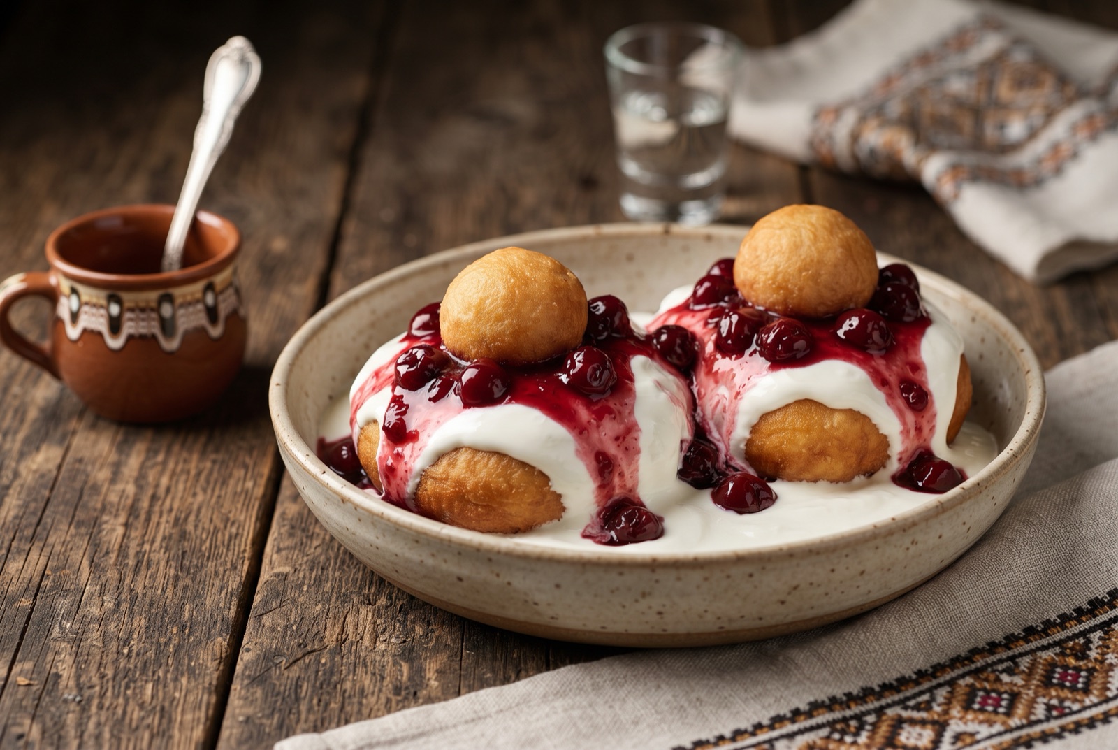 Golden fried cheese doughnut ring topped with a small dough ball, white sour cream and dark sour cherry preserve