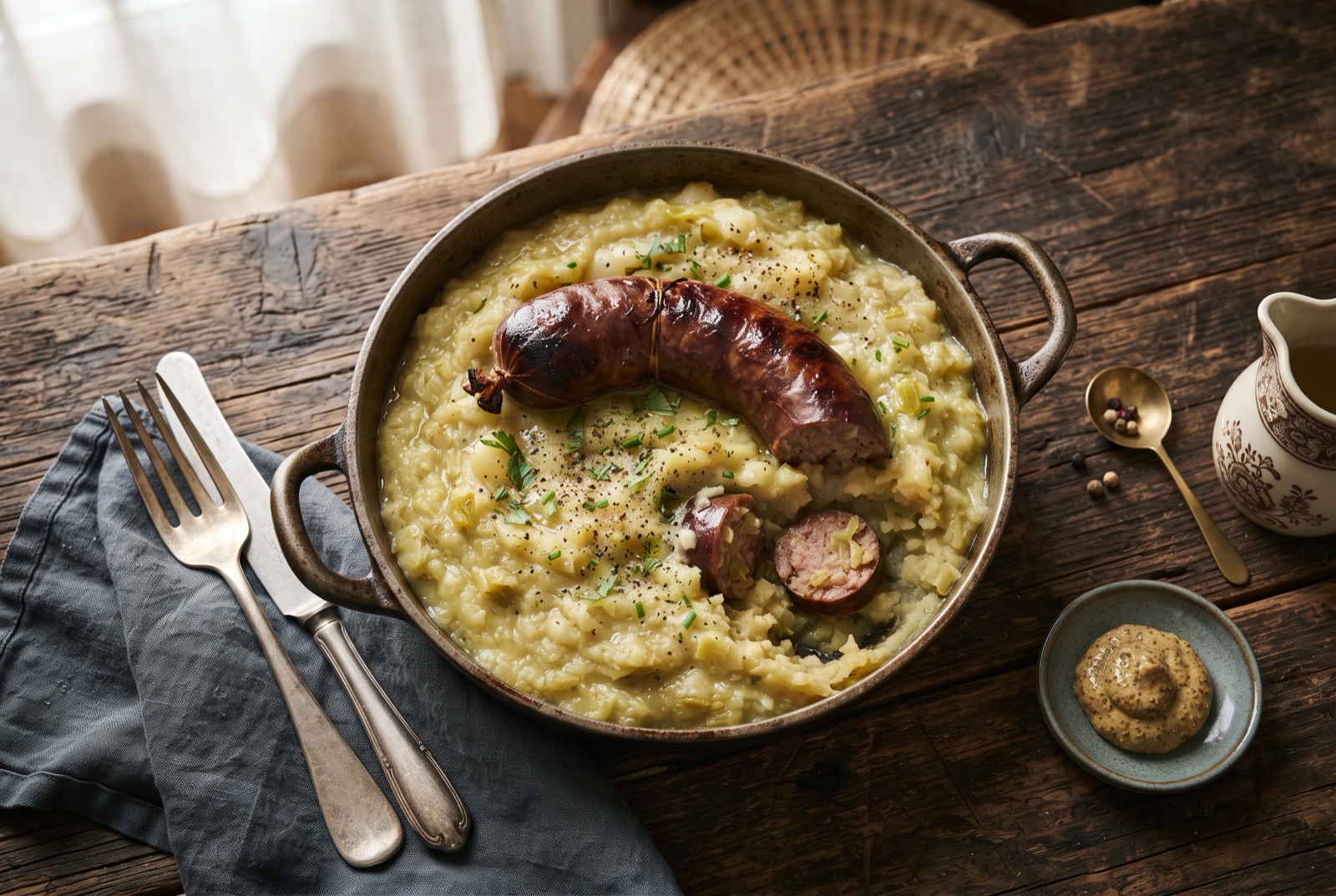 A plate of soft stewed leeks and potatoes topped with a split smoked cabbage sausage