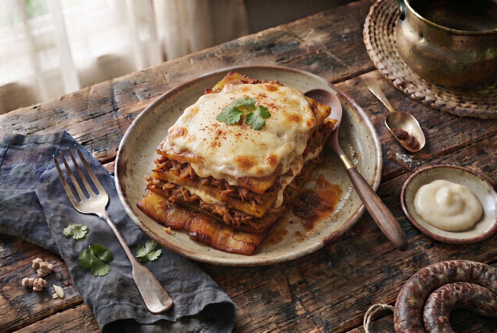 Square of pastel de chucho showing layers of sweet plantain and shredded fish under browned melted cheese