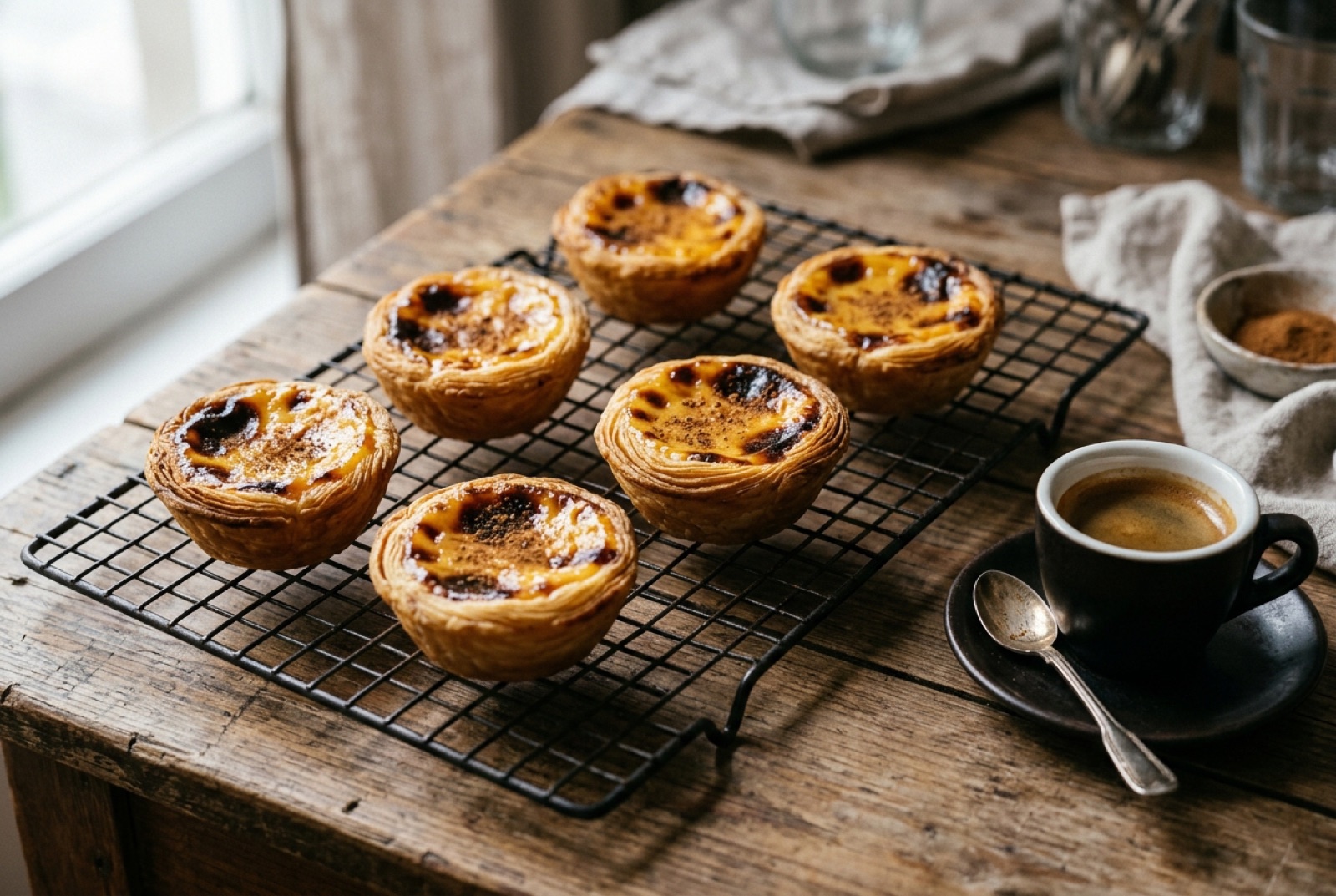 Portuguese custard tarts with blistered dark caramelised tops and flaky spiralled pastry shells, dusted with cinnamon