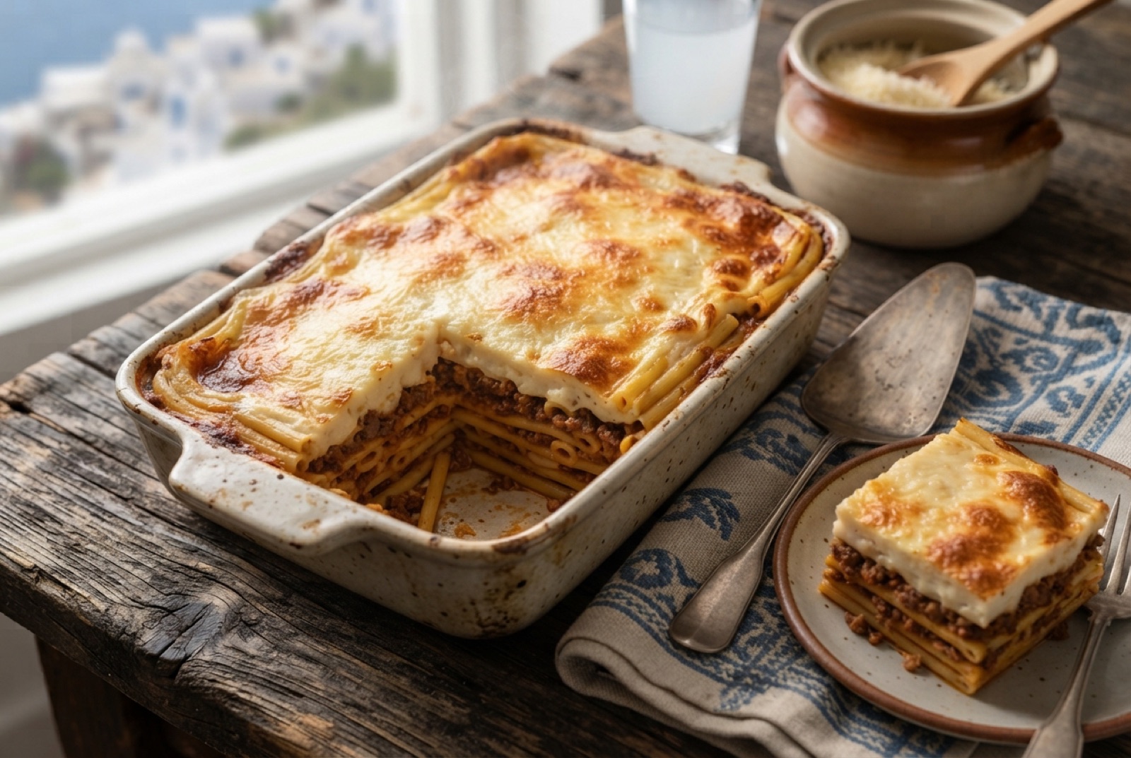 A square slice of pastitsio showing pasta tubes, spiced beef sauce and a thick golden bechamel top