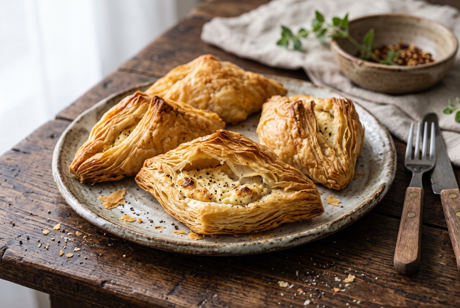 Tray of diamond-shaped Maltese pastizzi with flaky golden layers and a ricotta filling showing at the seam