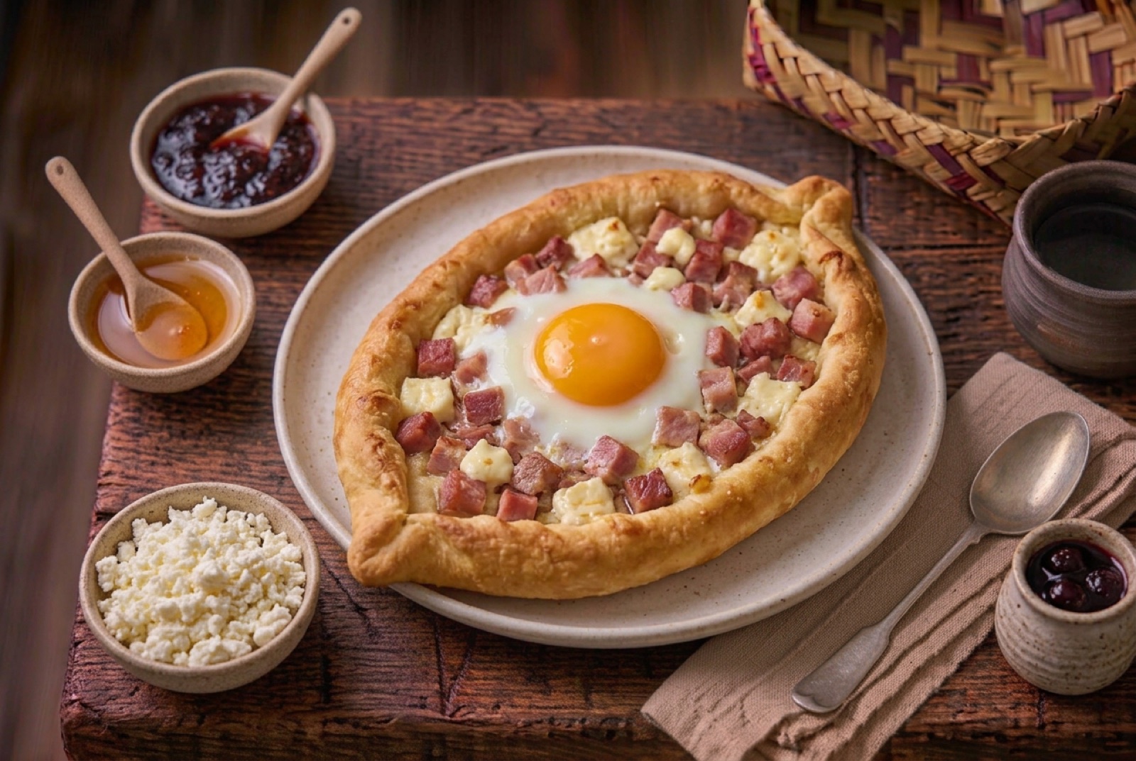 Oval Macedonian flatbread with a pinched rim, cubed cured pork and a soft-yolked egg in the centre