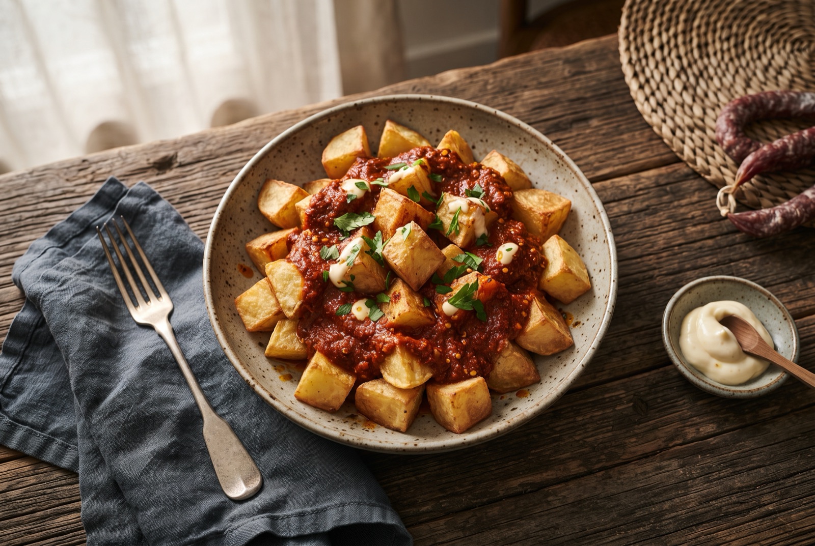 Bowl of golden fried potato cubes covered in red brava sauce with a stripe of white garlic allioli