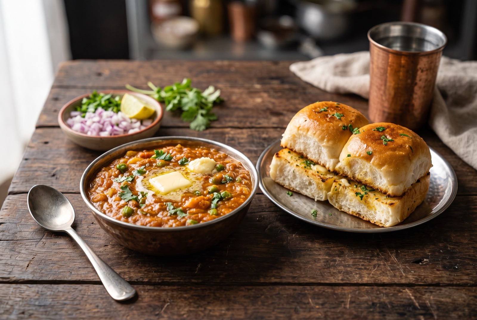 Bowl of red pav bhaji topped with melting butter, raw onion and coriander, with buttered toasted rolls alongside