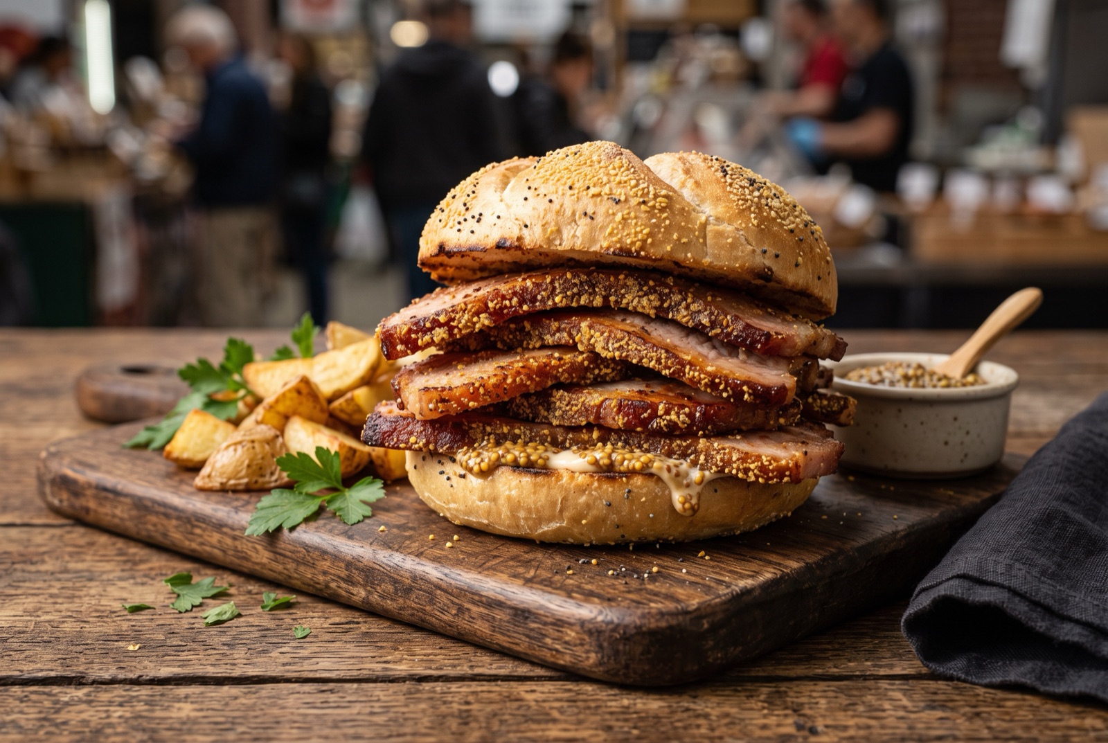 Kaiser roll stacked with thick cornmeal-crusted pork loin slices and yellow mustard, cut in half