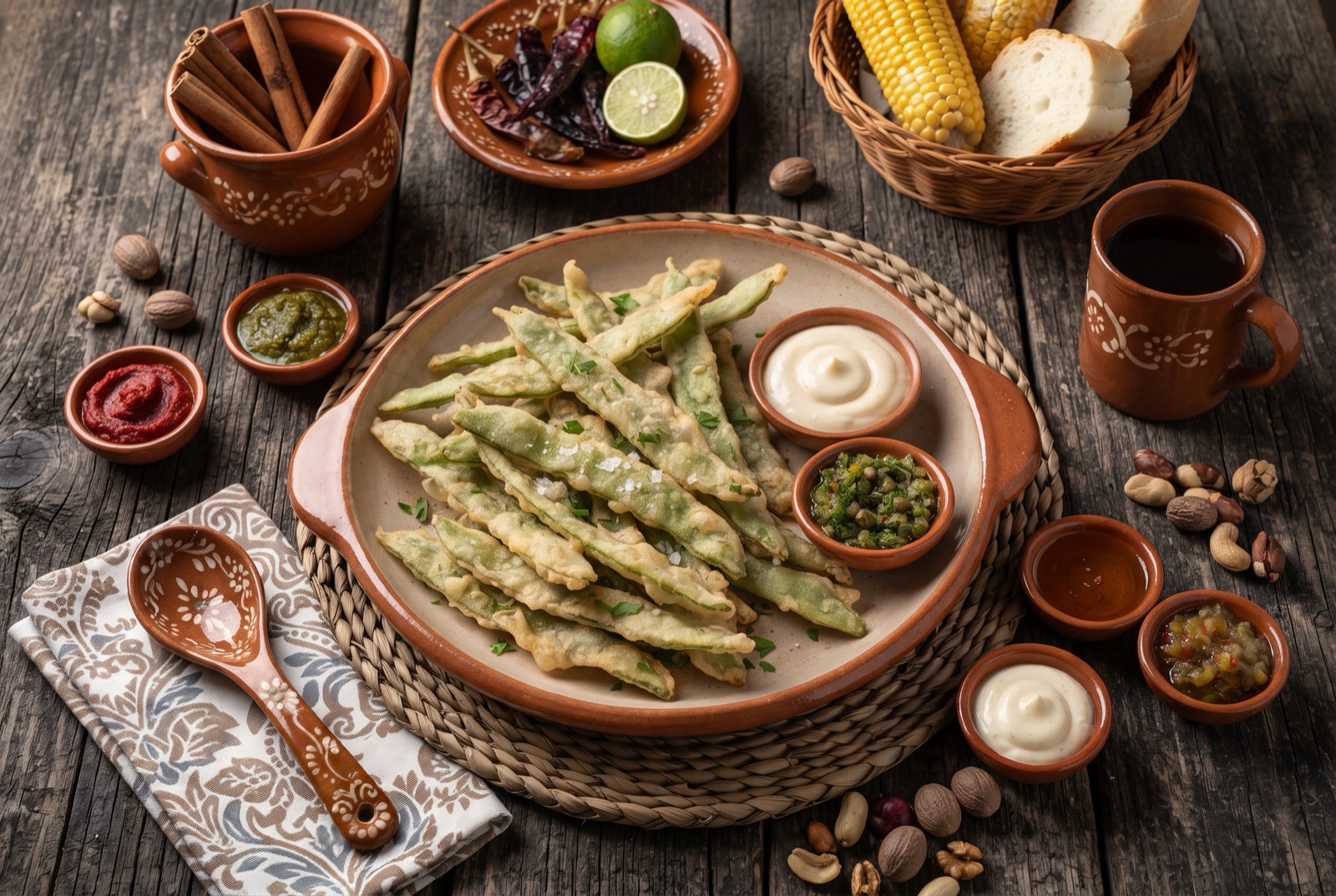 Pile of crisp battered flat green beans with blistered golden coating and lemon wedges