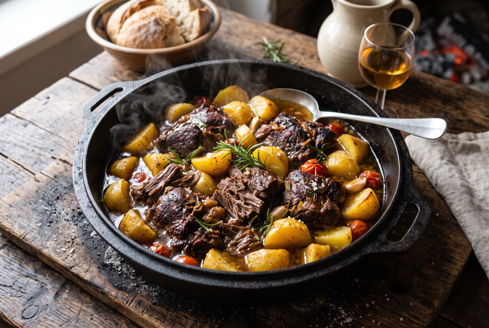 Metal tray of veal and potato wedges cooked under a peka bell, with rosemary sprigs and glossy pan juices