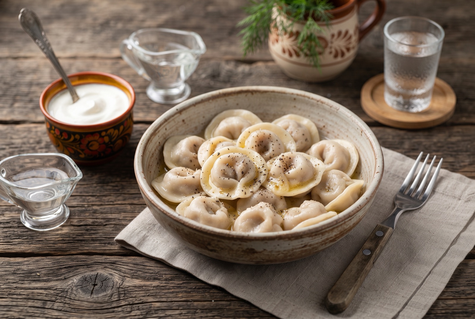 Bowl of boiled Siberian pelmeni dumplings glossy with butter, topped with sour cream, dill and black pepper