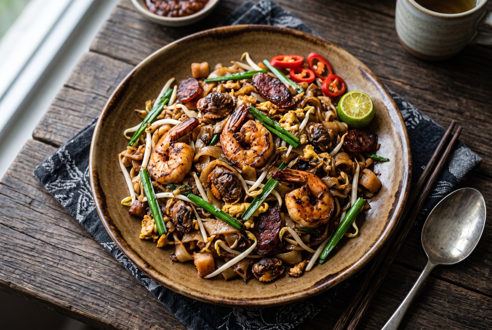 Plate of charred flat rice noodles with prawns, egg, bean sprouts and garlic chives fresh from the wok