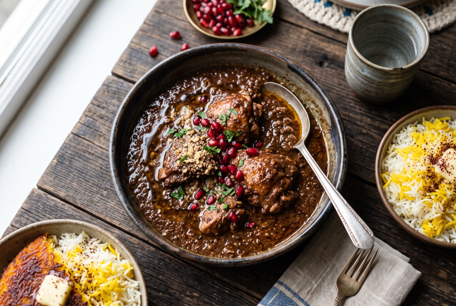 Dark mahogany Persian fesenjan stew of chicken in walnut and pomegranate sauce, scattered with pomegranate seeds