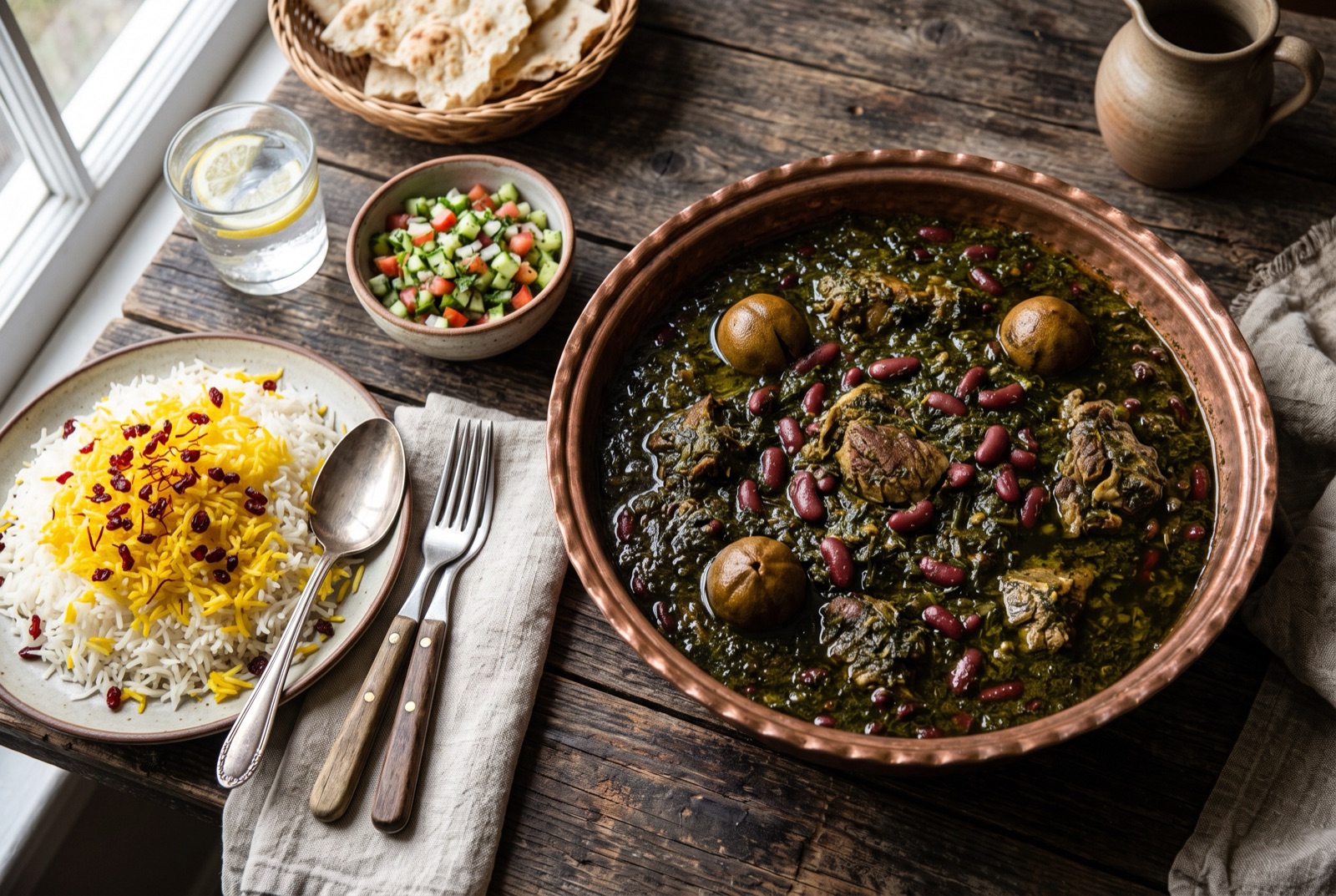 Dark green Persian ghormeh sabzi stew with lamb, kidney beans and a whole dried lime, served beside saffron rice