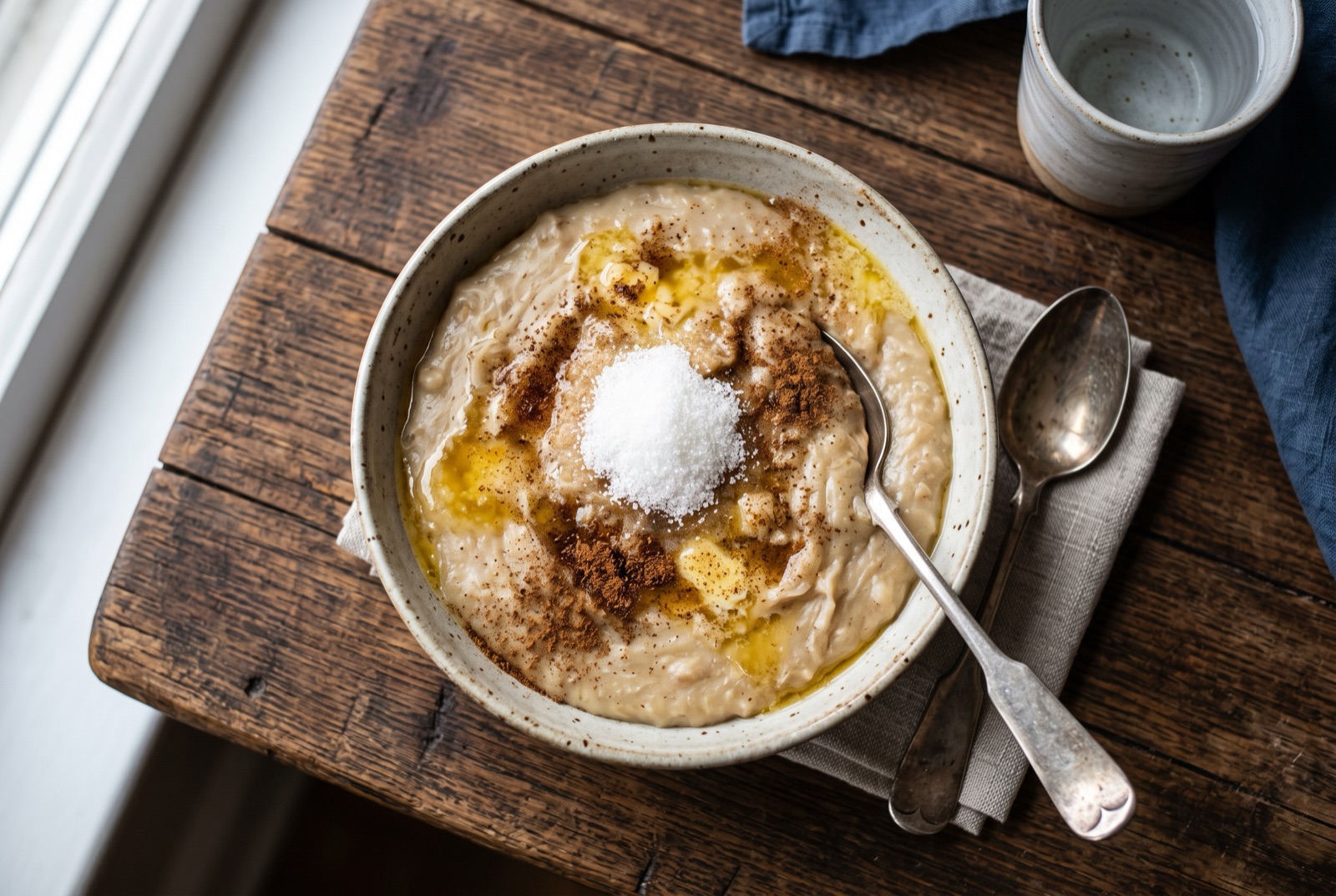 Bowl of Persian halim wheat and lamb porridge topped with melted butter, cinnamon and sugar