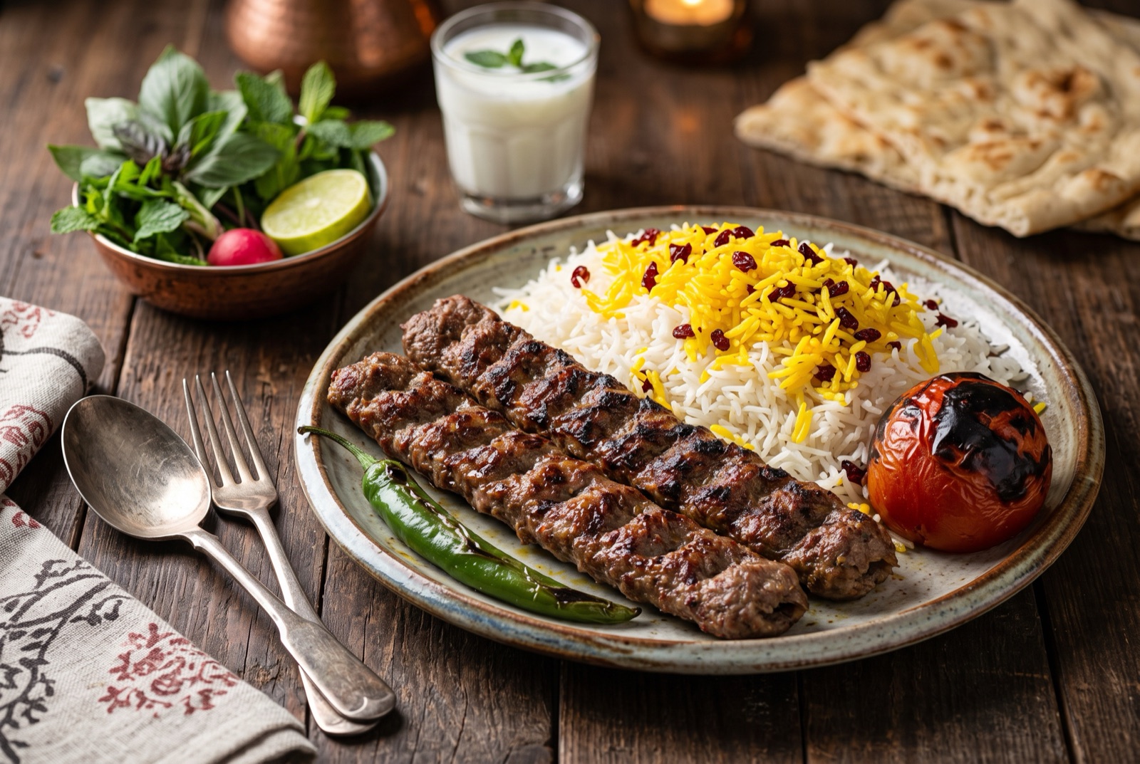 Charred Persian kabab koobideh skewers of minced lamb beside saffron rice and a blistered grilled tomato