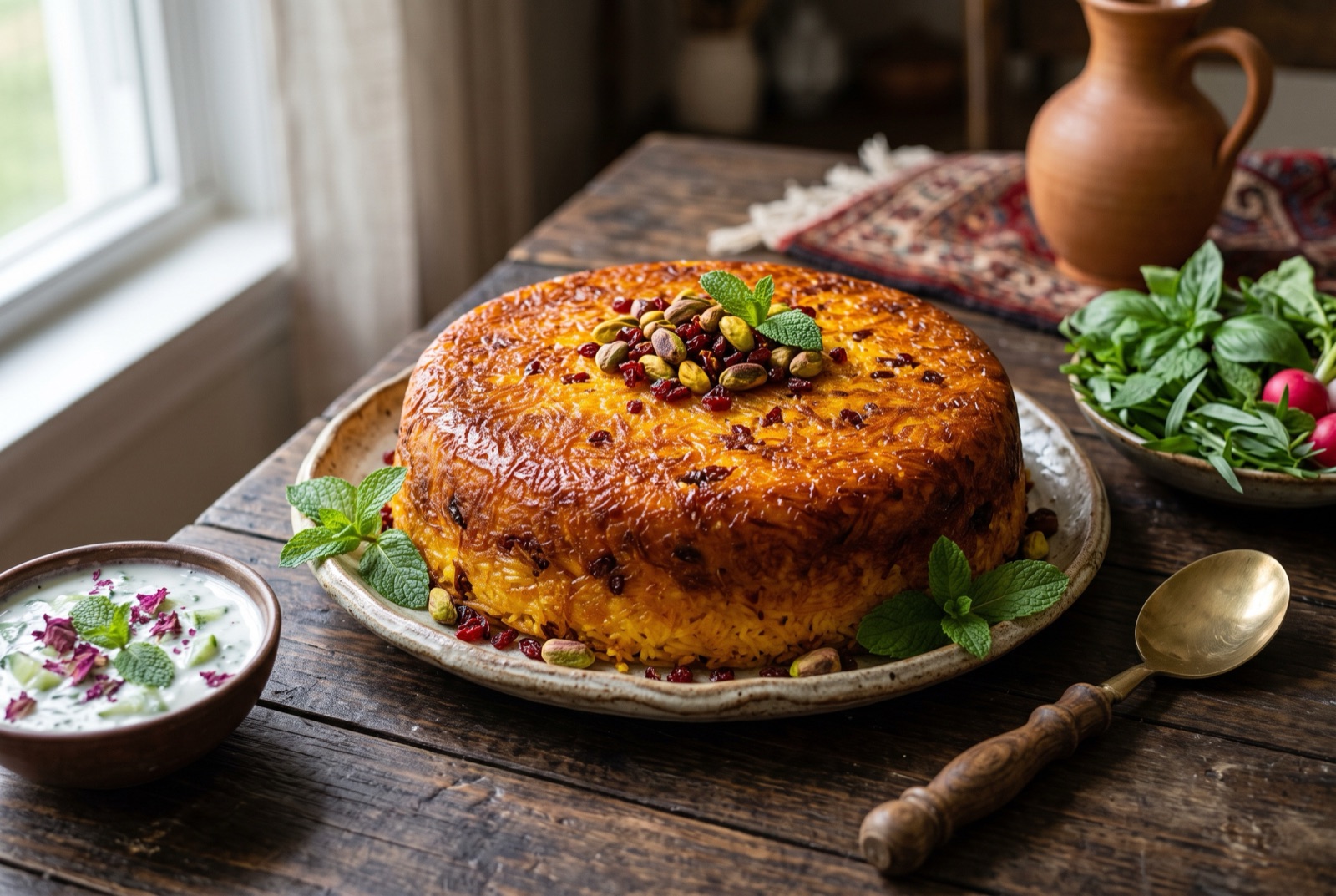 Golden Persian tahchin rice cake turned out whole, with a crisp saffron crust and a wedge cut to show the chicken layer