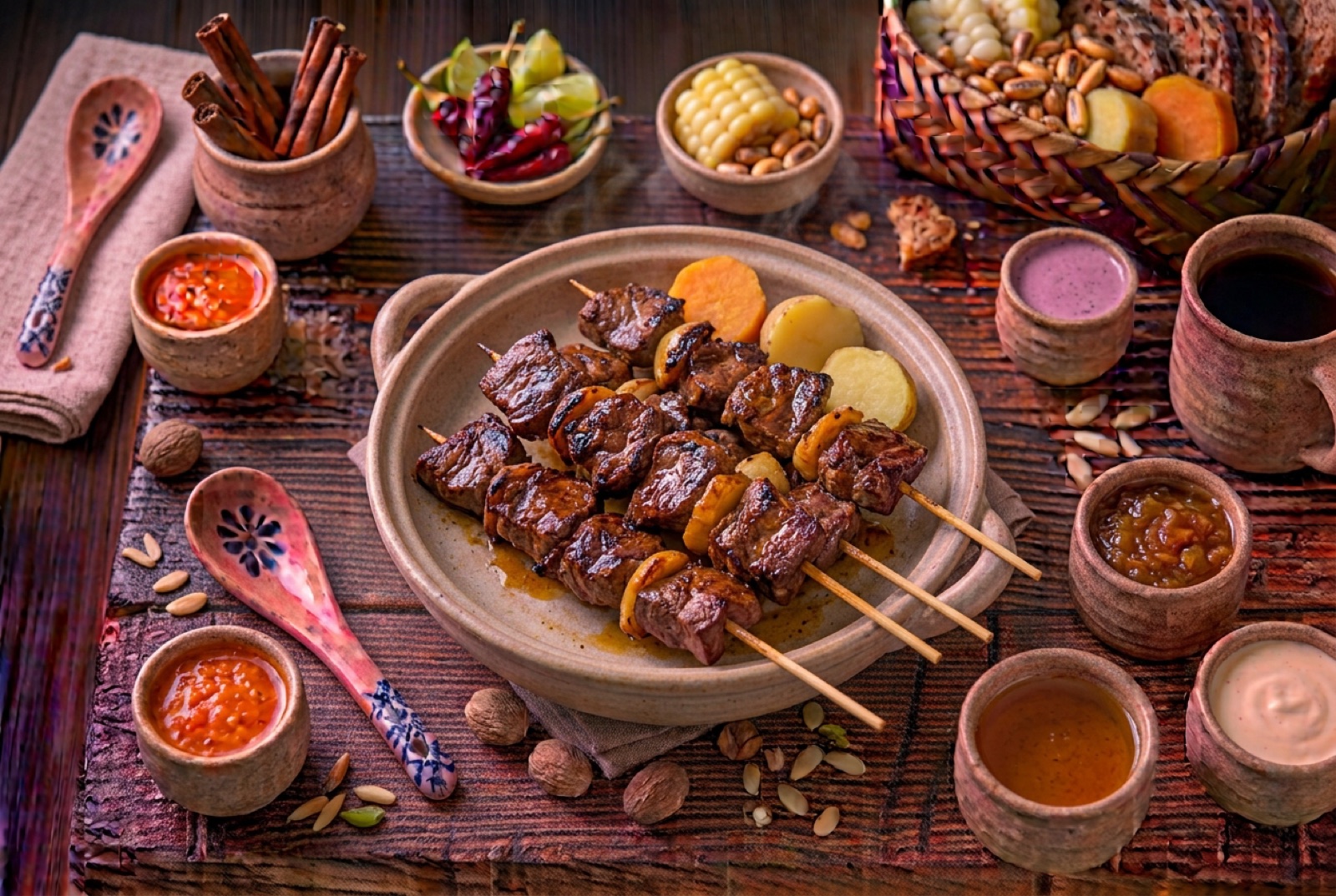 Charred beef heart skewers glazed with dark red ají panca marinade beside grilled potato and corn