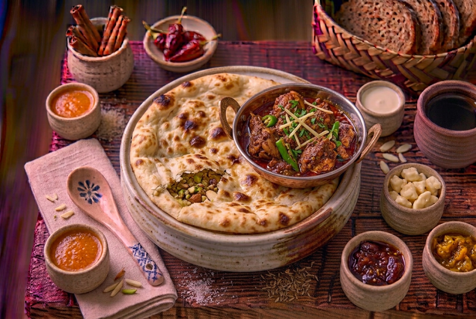 Torn Peshawari naan showing a seam of ground pistachio, almond and raisin filling inside blistered flatbread