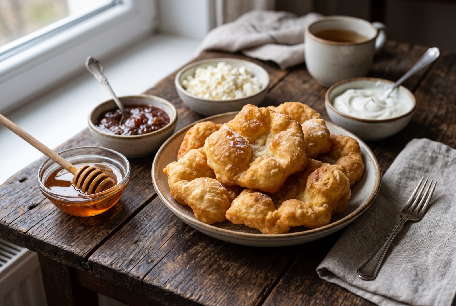 Plate of puffed golden Albanian petulla with bowls of honey, jam, white cheese and sour cream around them