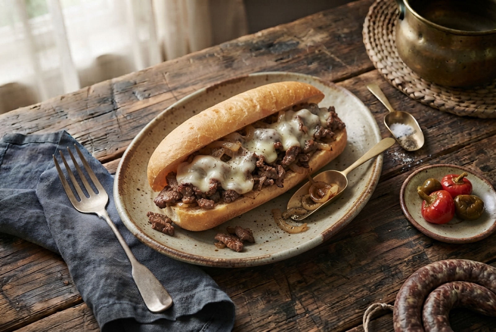 Philly cheesesteak in a soft hoagie roll, packed with chopped browned beef, fried onions and melted cheese spilling from the side