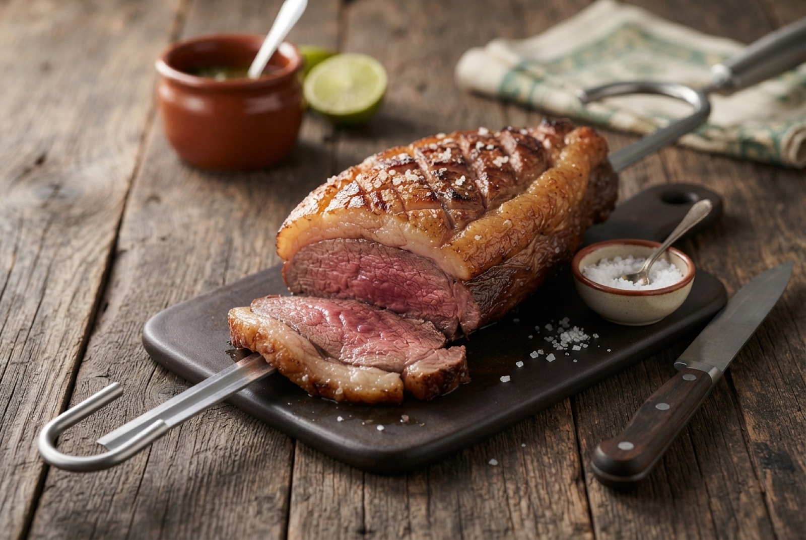 Sliced grilled picanha with a crisp browned fat cap and rosy pink center, beside a bowl of tomato vinagrete