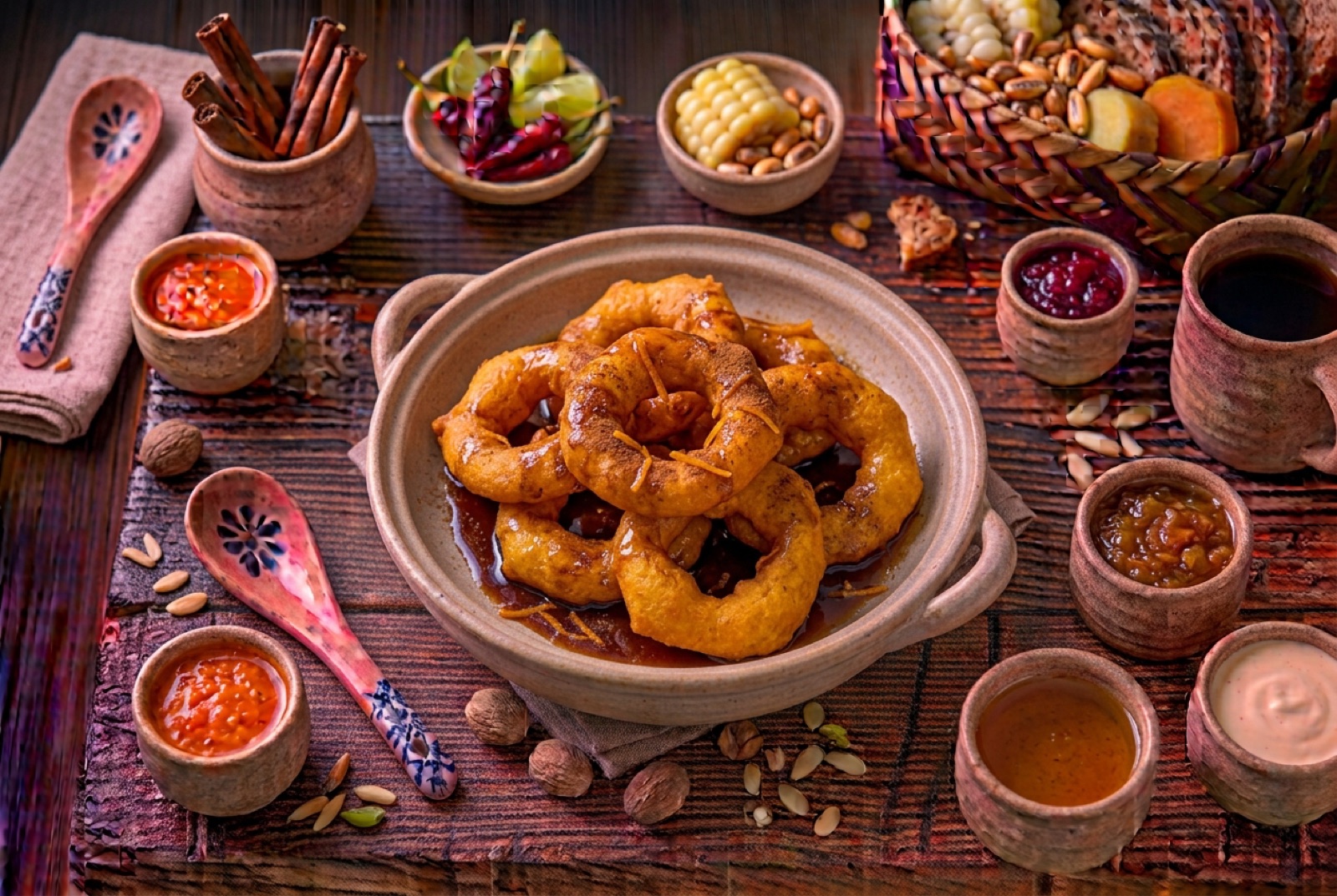 Stack of golden fried Peruvian picarones rings on a plate with dark chancaca syrup poured over them
