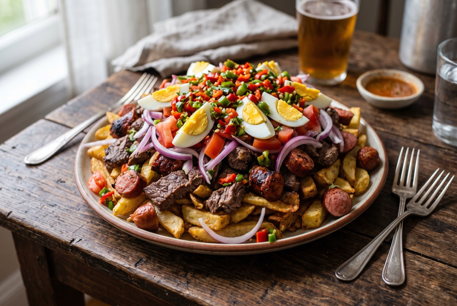 Bolivian pique macho platter piled with chips, seared beef cubes, sausage slices, raw onion, tomato, chilli rings and boiled egg