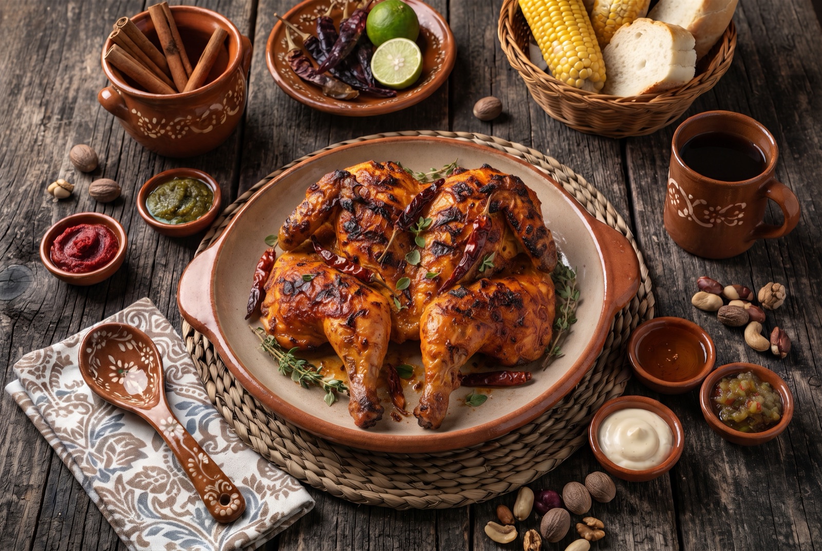 Spatchcocked piri-piri chicken with blistered charred skin, brushed with red chile sauce and lemon wedges