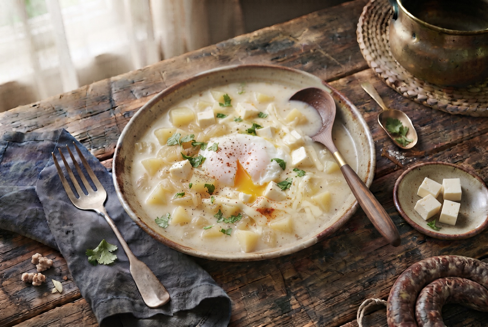 Bowl of pale milky potato soup with a poached egg, cubes of white cheese and chopped cilantro on top