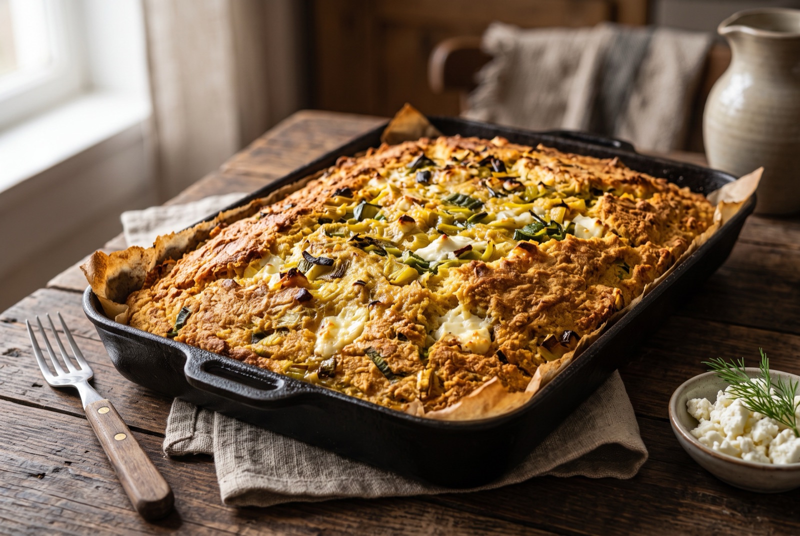 Golden Albanian cornbread cut into squares in a metal tray, flecked with green leek and white cheese