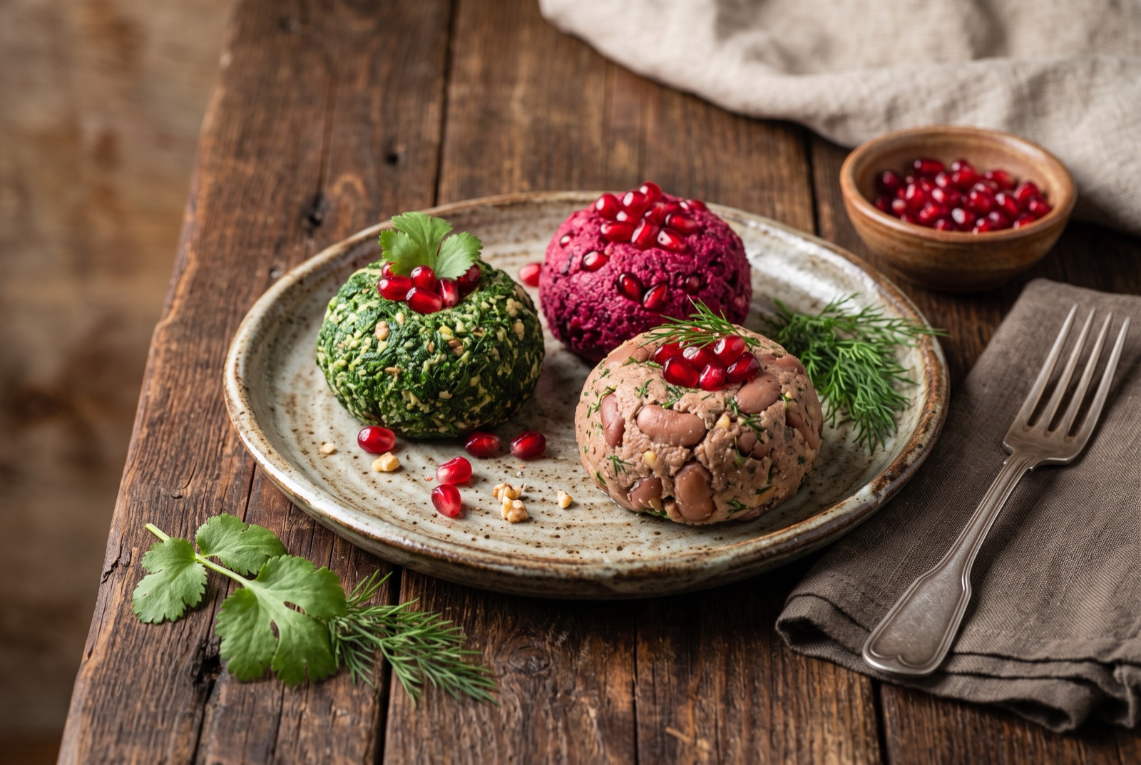 Three small Georgian walnut pâté balls in green, deep red and cream, topped with pomegranate seeds