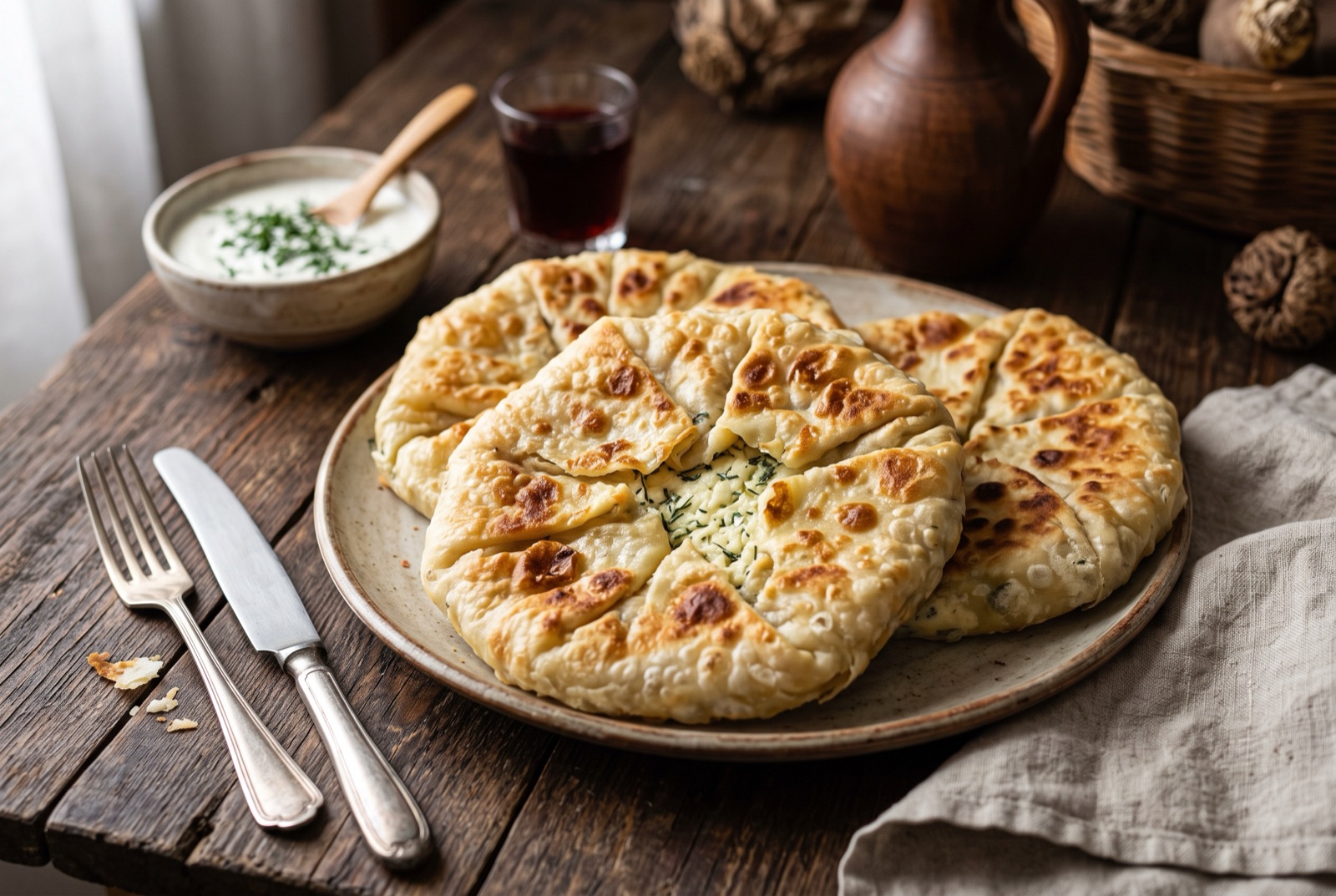 Stack of folded Moldovan cheese pastries with blistered brown surfaces, one torn open showing white cheese and dill