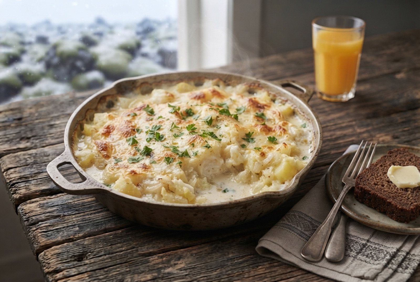 Pan of Icelandic plokkfiskur, creamy fish and potato mash browned on top, with buttered dark rye bread