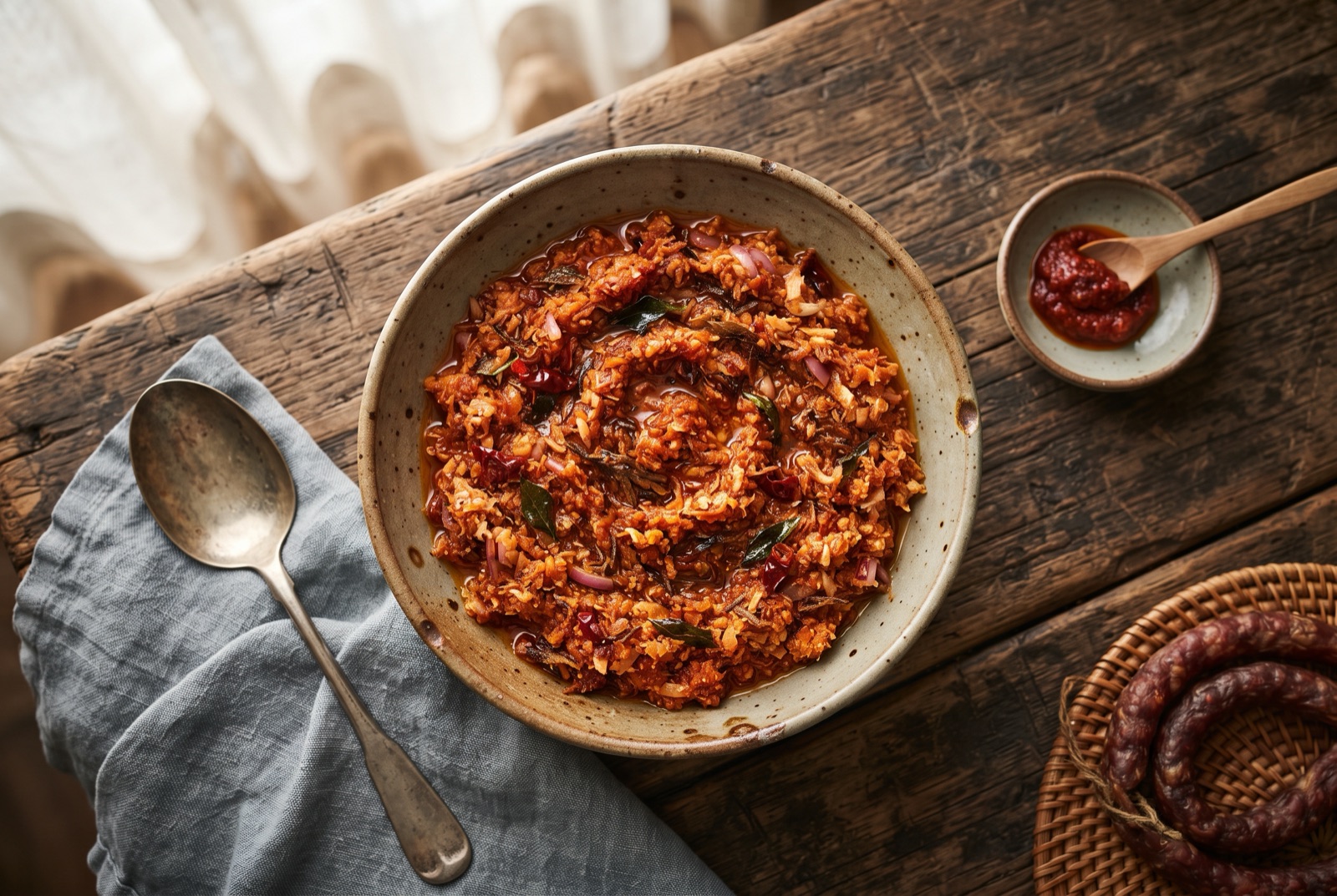 A mound of brick-red Sri Lankan pol sambol made from scraped coconut, chile and red onion with a lime half beside it
