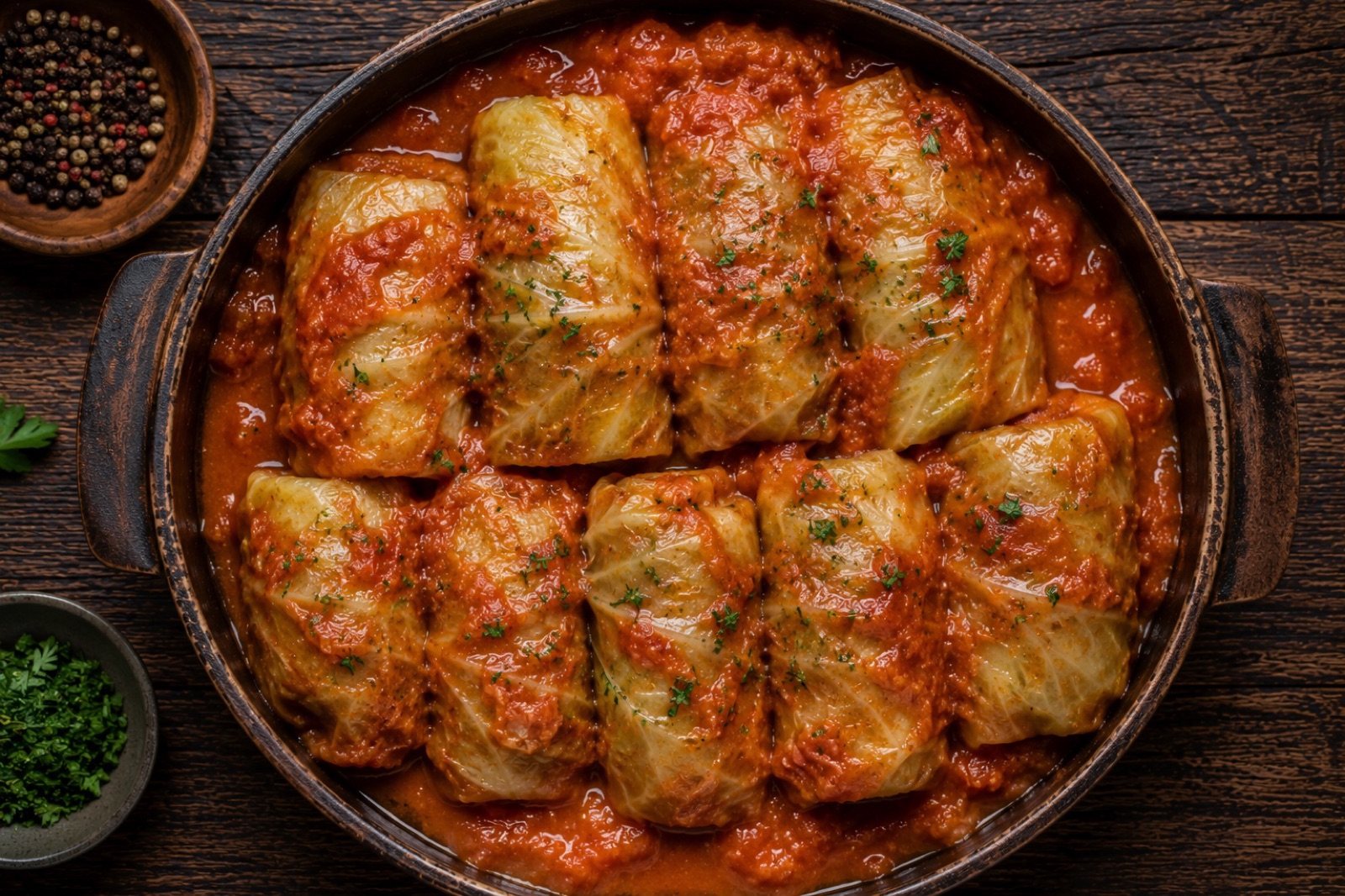 Polish cabbage rolls packed in a casserole under reduced tomato sauce, one cut open to show pork and rice filling