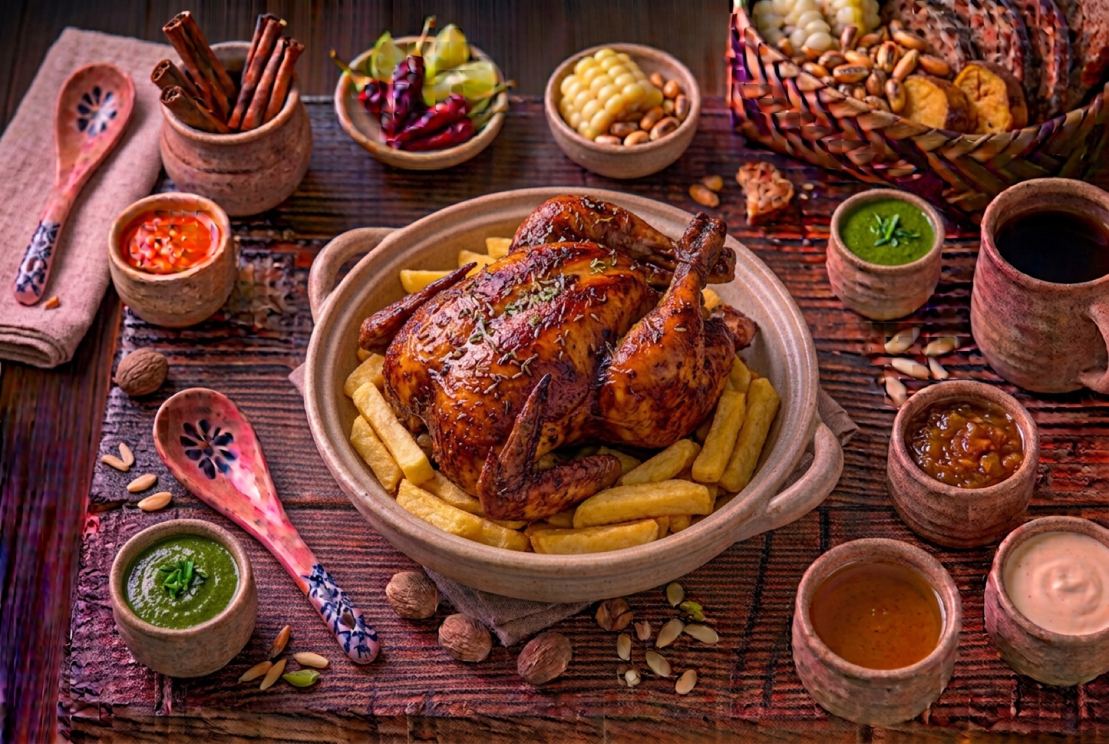 Quartered Peruvian roast chicken with dark lacquered skin, thick-cut fries and a bowl of bright green ají sauce