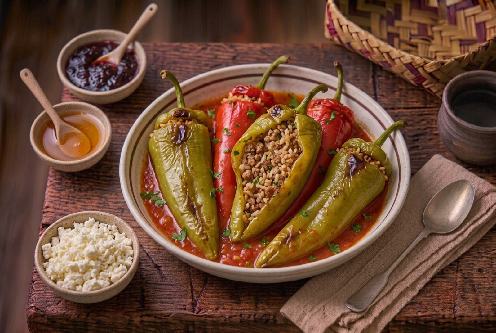 Long green peppers stuffed with rice and meat standing upright in a pot of red tomato sauce