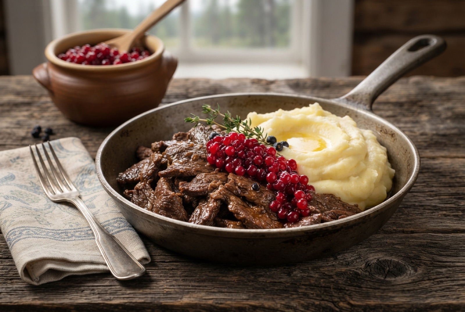 Plate of sauteed reindeer shavings with buttery mashed potato, red lingonberries and pickled cucumber
