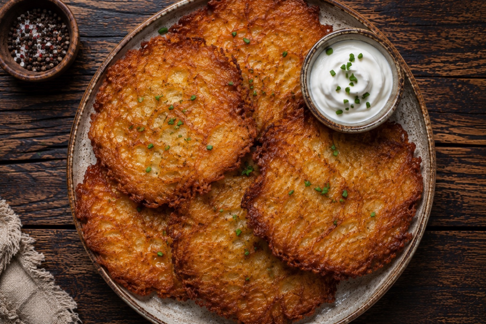 Stack of golden Polish potato pancakes with lacy brown edges and a bowl of sour cream
