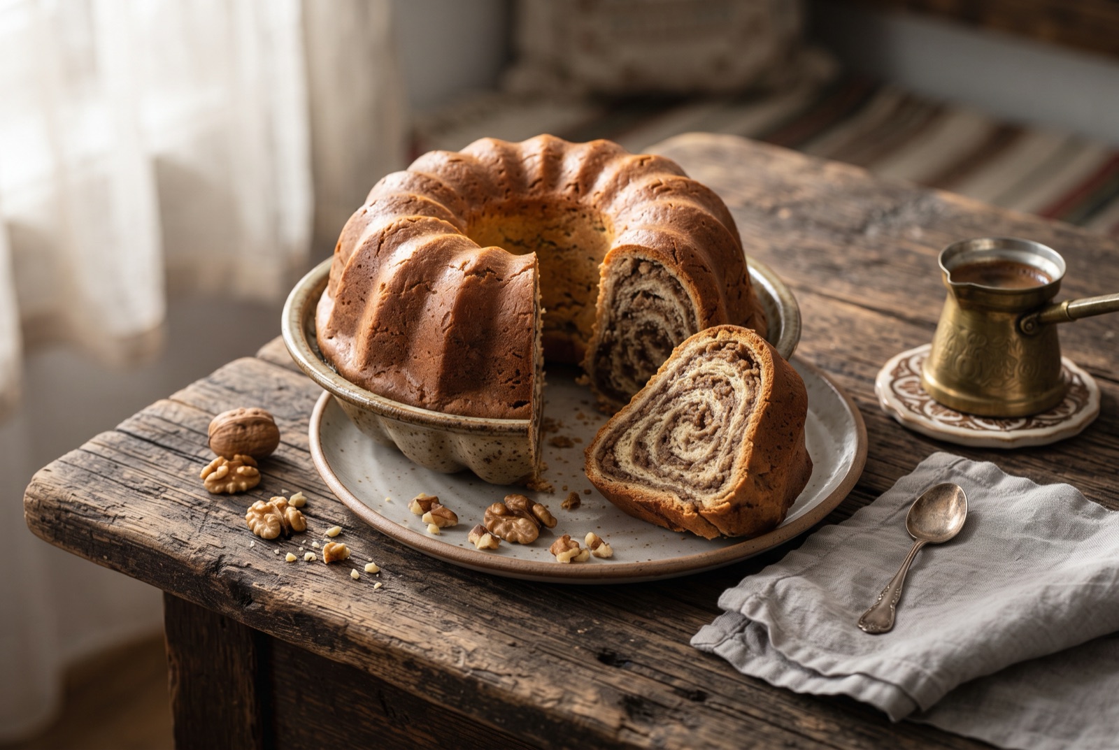 Ring-shaped potica cut open to show tight dark walnut spirals inside pale yeast dough