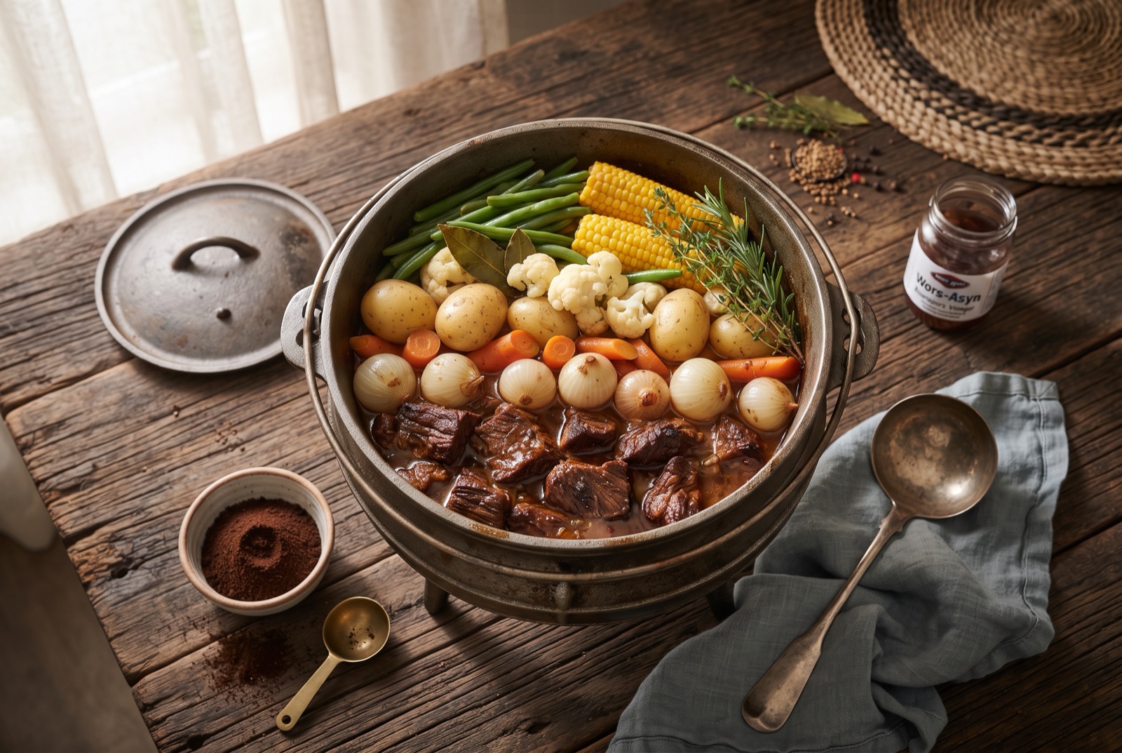 Open cast-iron three-legged pot over coals showing layered beef, potatoes, carrots and green beans in dark gravy