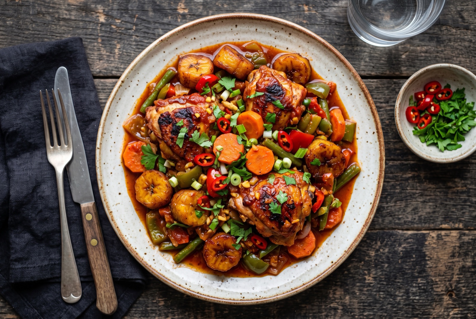 Platter of poulet DG with browned chicken pieces, golden fried plantain, carrot batons and green beans in red sauce