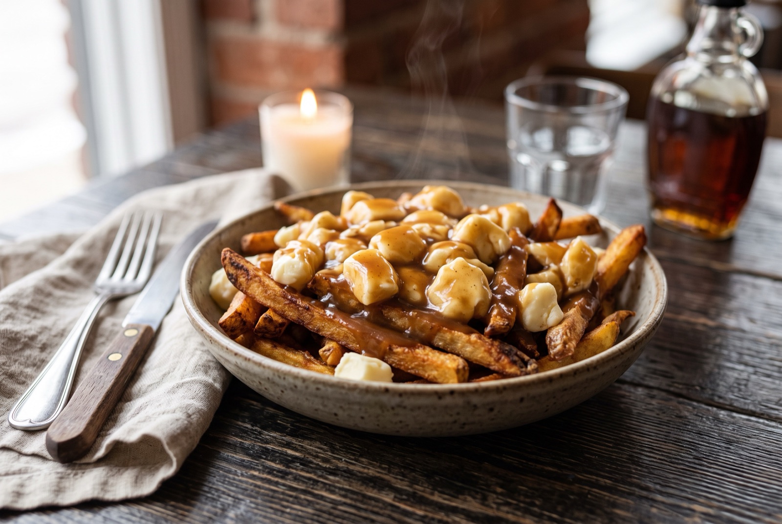 Shallow bowl of crisp fries topped with pale cheese curds and glossy brown gravy poured over the top