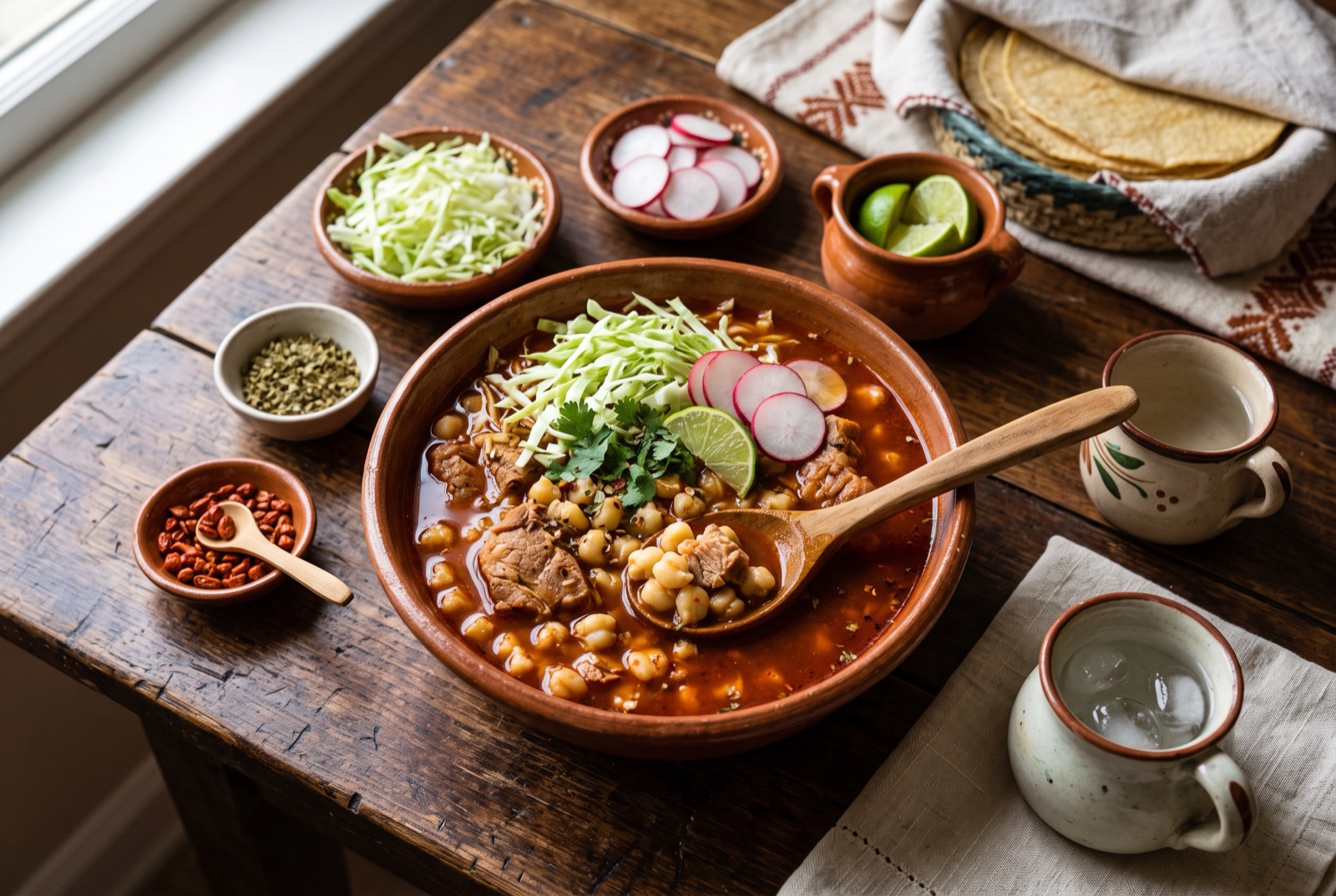 Deep bowl of red pozole with pork, hominy, shredded cabbage, radish slices and a lime wedge