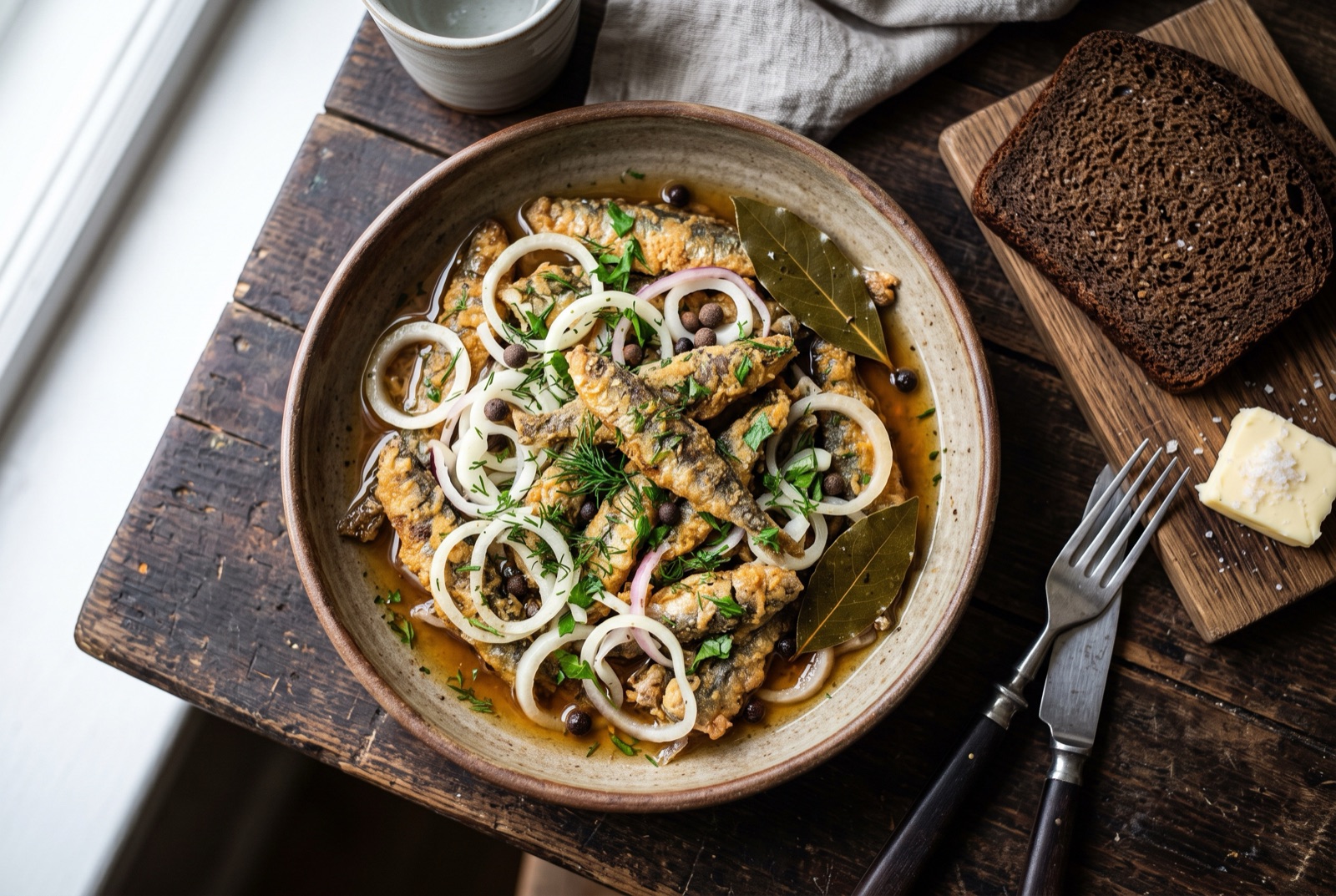 Layers of fried Baltic herring with onion rings and allspice in a glass dish of clear vinegar marinade
