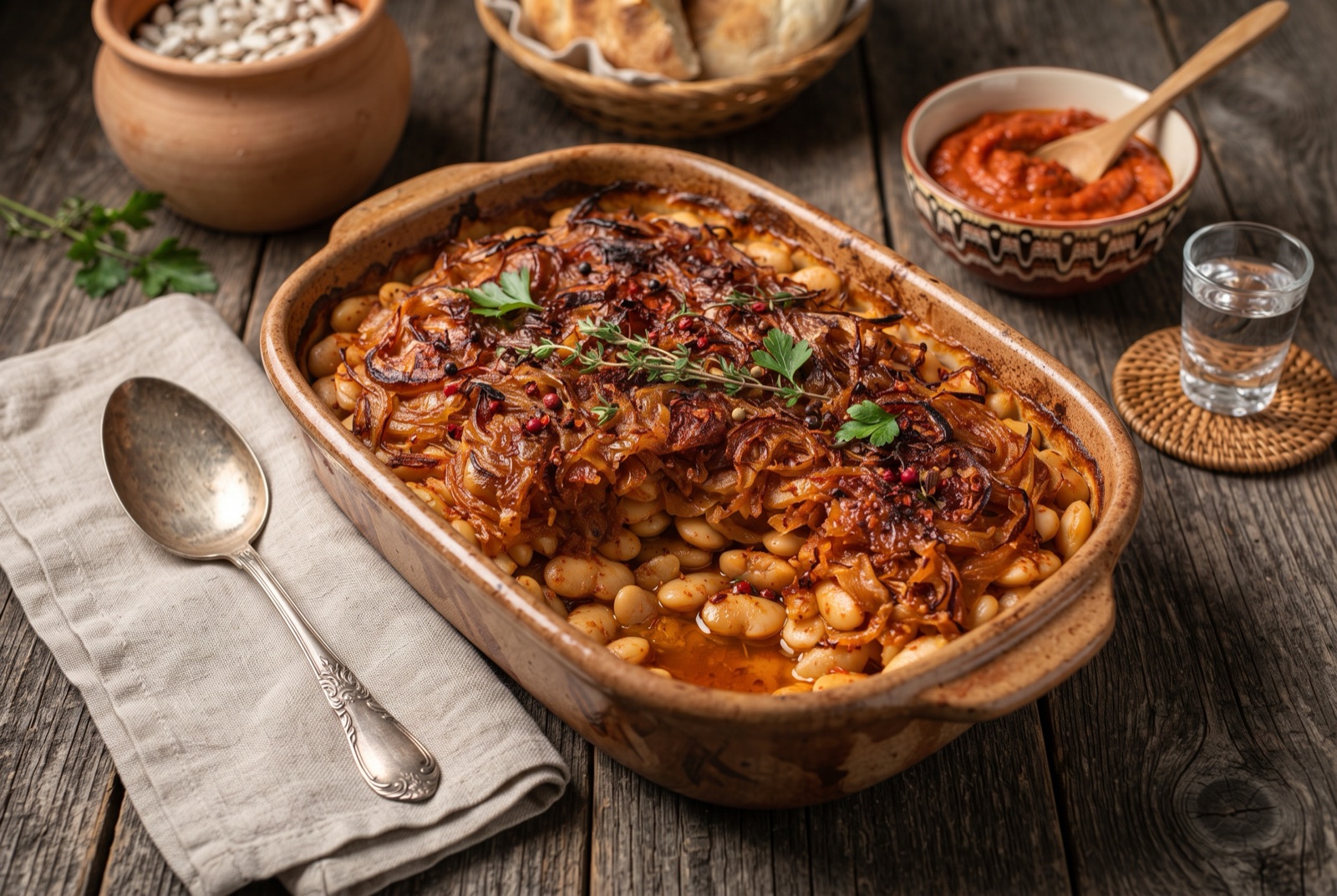 Deep dish of Serbian prebranac — baked white beans layered with paprika-red caramelized onions under a browned crust