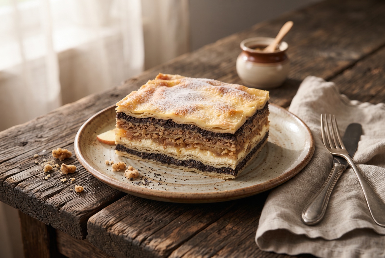 Wedge of prekmurska gibanica showing dark poppy, brown walnut, apple and white curd layers between pastry