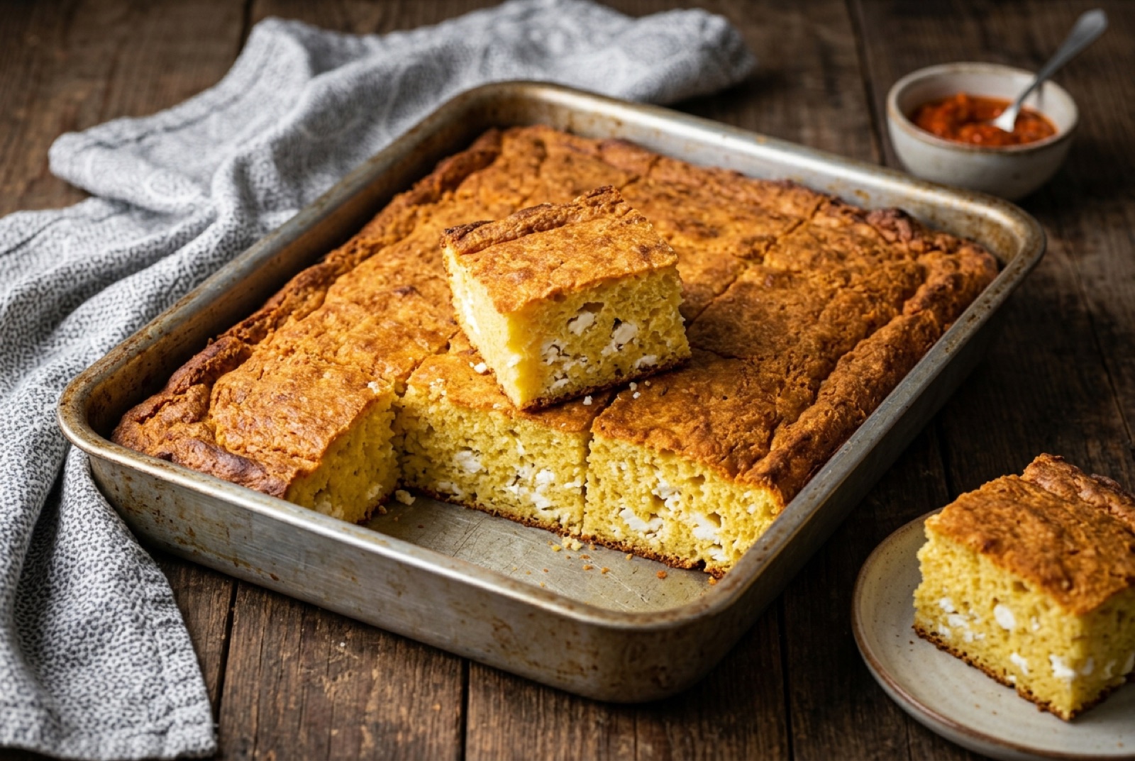 Golden Serbian proja cornbread in a tray, cut into squares showing crumbled white cheese through the crumb