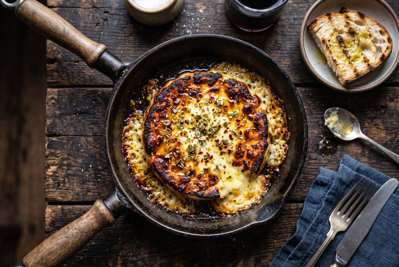 Grilled provolone disc bubbling in a small cast-iron pan, crusted brown and scattered with oregano and chile flakes